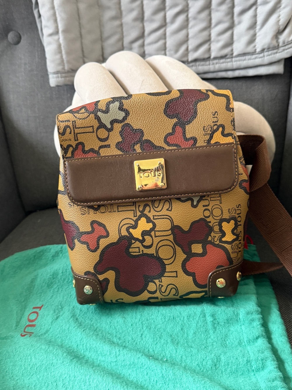 TOUS Brown Camo-Print Messenger Crossbody with Gold Logo Plaque